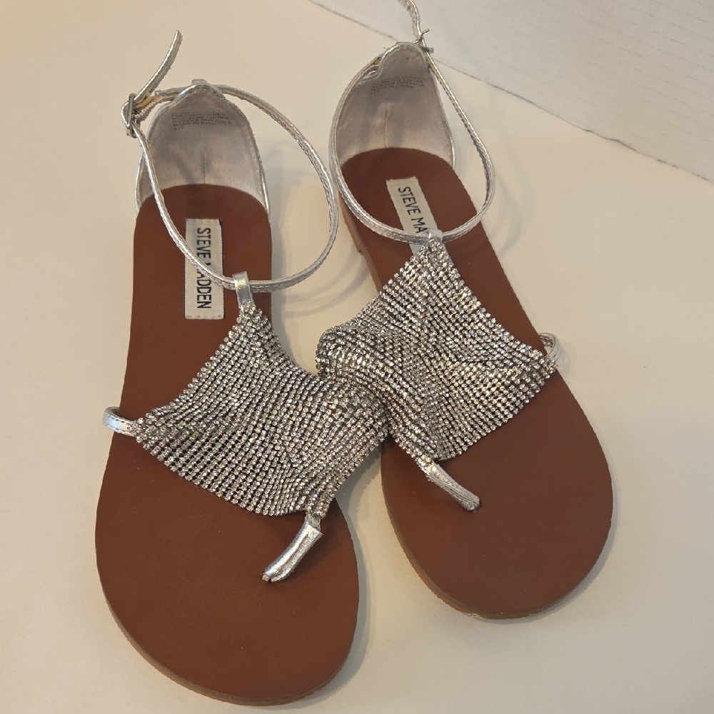 Steve Madden Leather Silver Rhinestone Sandals Size 7.5 'Shineyy'